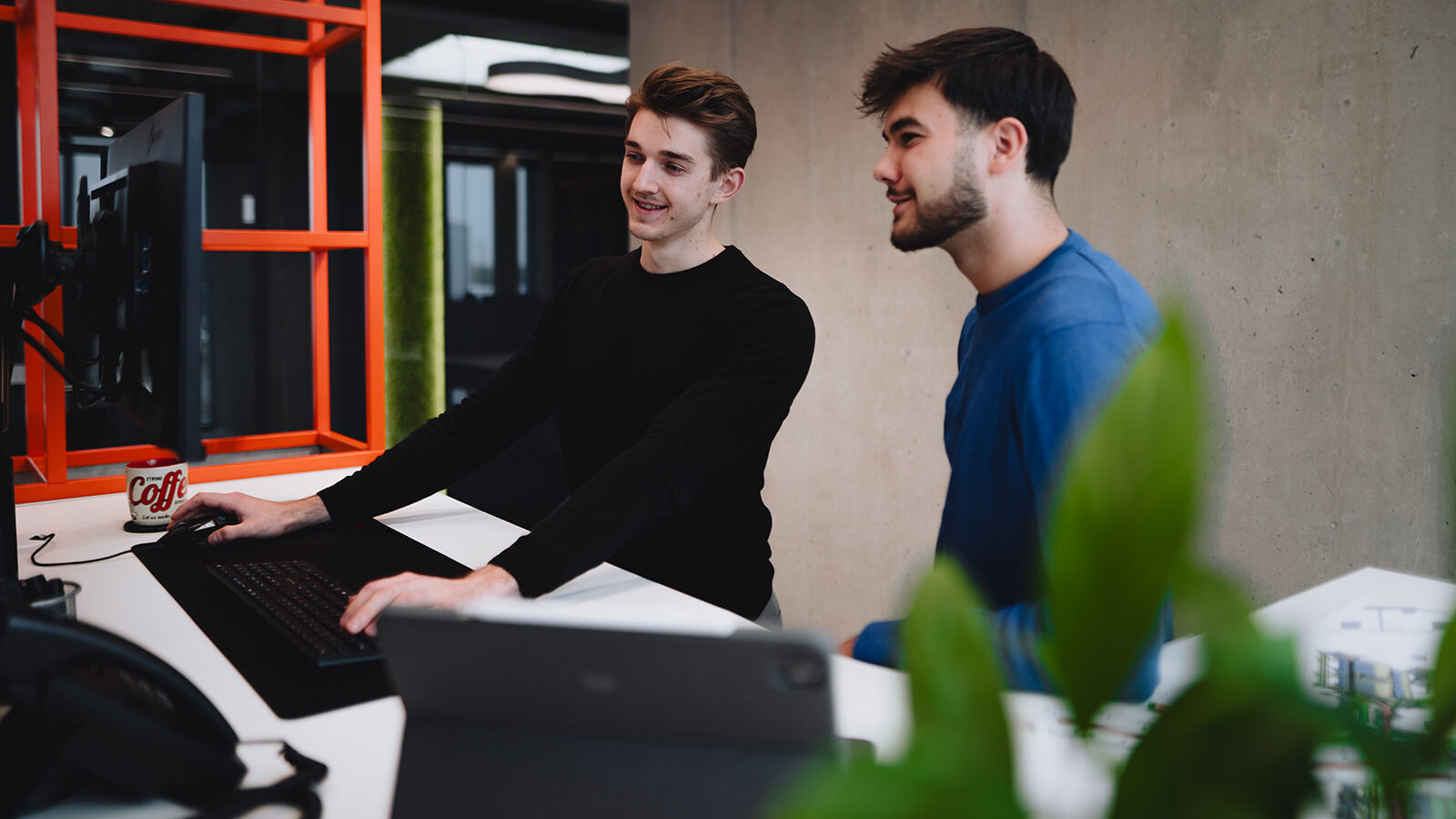 Zwei junge Angestellte von Braun blicken zusammen auf einen Bildschirm.